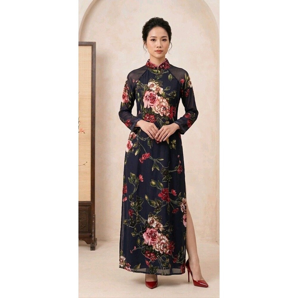Vtg 90s Y2K Cheongsam Dress M Burnout Velvet Floral Chinese Wedding Cocktail EUC